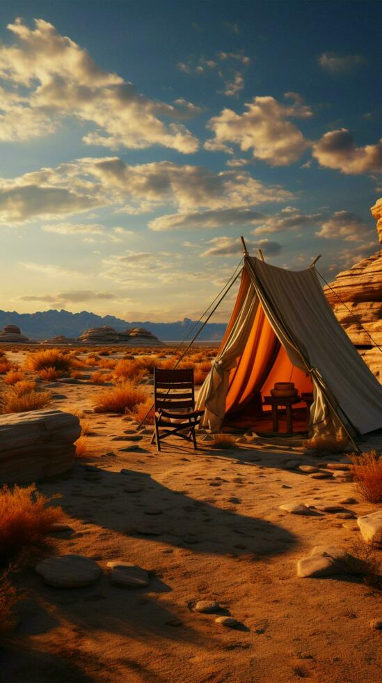 solitario Desierto retirada cámping en árido vacío, un remoto escapar desde sociedad vertical móvil fondo de pantalla ai generado foto