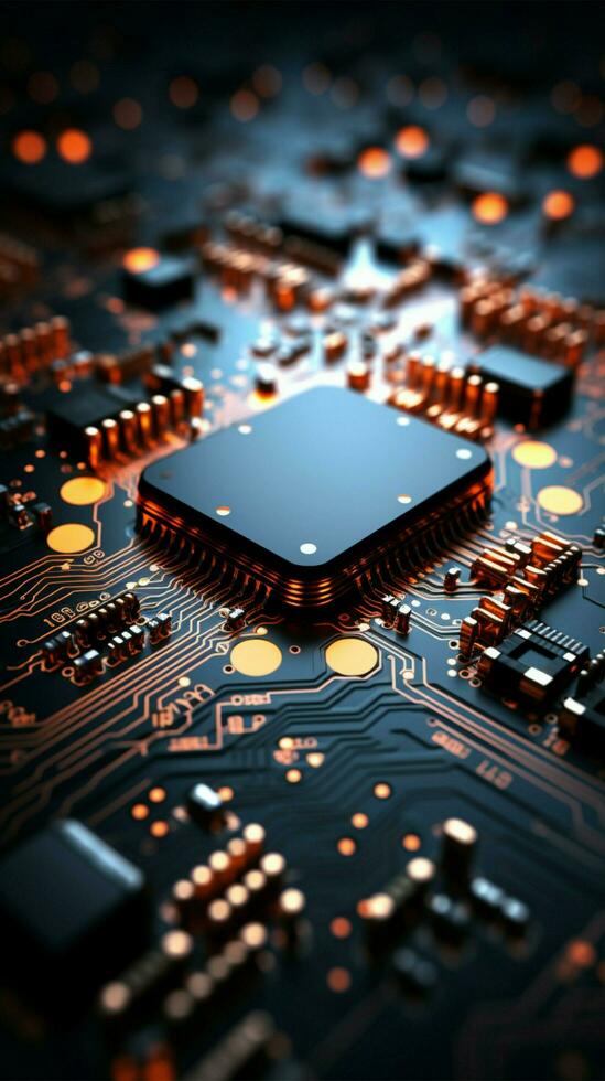 Microscopic components form an elaborate circuitry pattern on the electronic board Vertical Mobile Wallpaper AI Generated photo