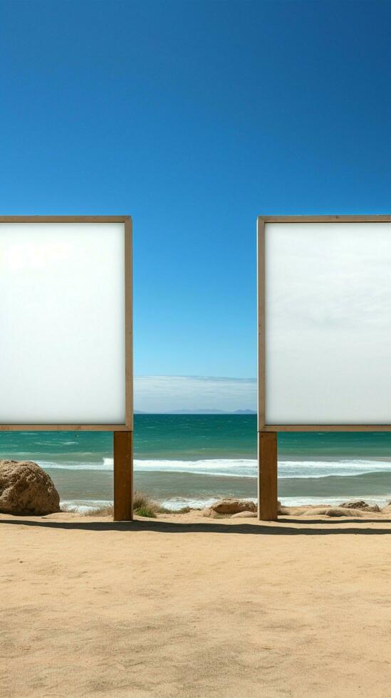 Marine billboard canvas Empty frame set on beach with ocean panorama Vertical Mobile Wallpaper AI Generated photo