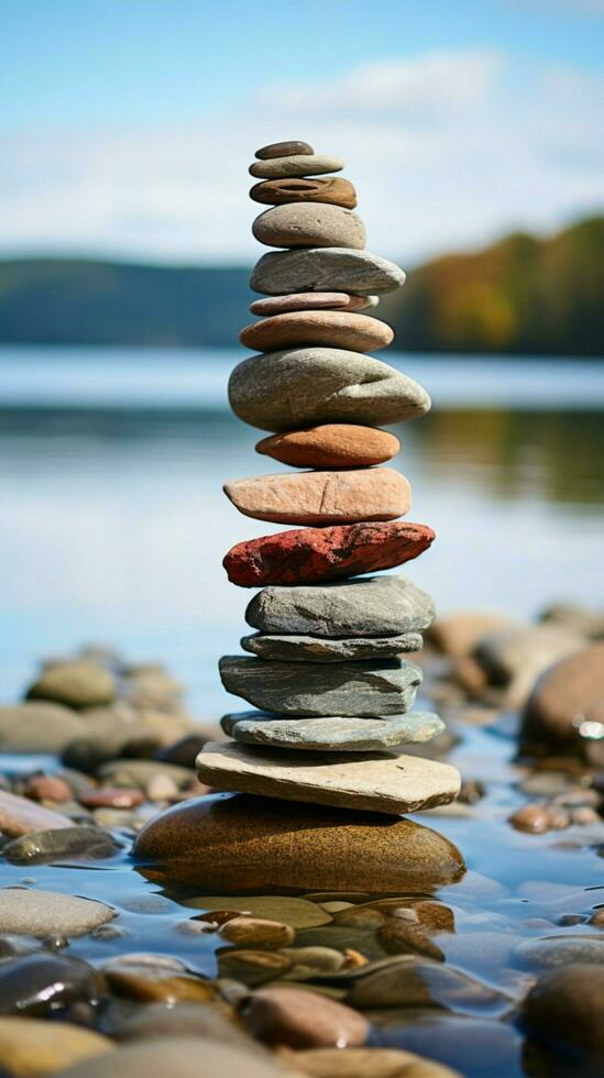 náutico formación mar besado piedras apilado dentro un pirámide a lo largo el apuntalar vertical móvil fondo de pantalla ai generado foto