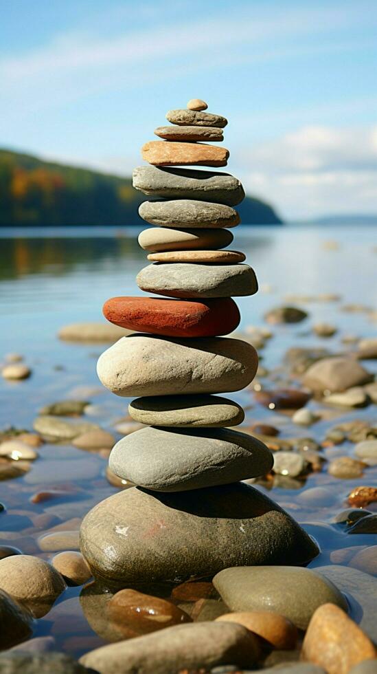 náutico formación mar besado piedras apilado dentro un pirámide a lo largo el apuntalar vertical móvil fondo de pantalla ai generado foto