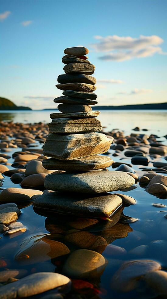 Nautical formation Sea kissed stones stacked into a pyramid along the shore Vertical Mobile Wallpaper AI Generated photo