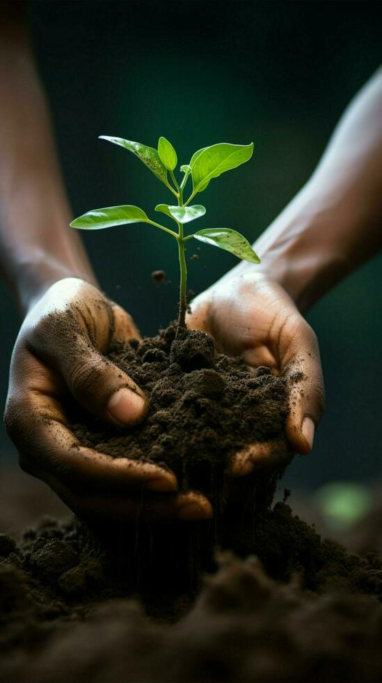 nutriendo crecimiento mano agrega suelo a verde fondo, simbolizando plantando o remembranza vertical móvil fondo de pantalla ai generado foto