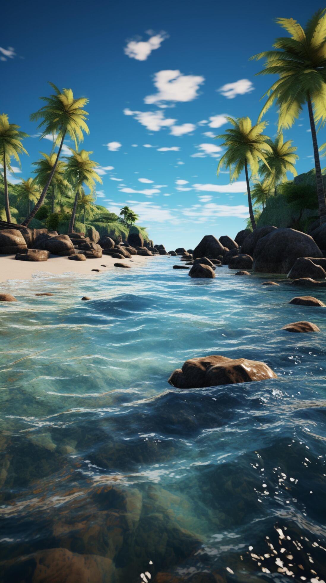 Palm fringed paradise Beach adorned with towering palms, a tropical 