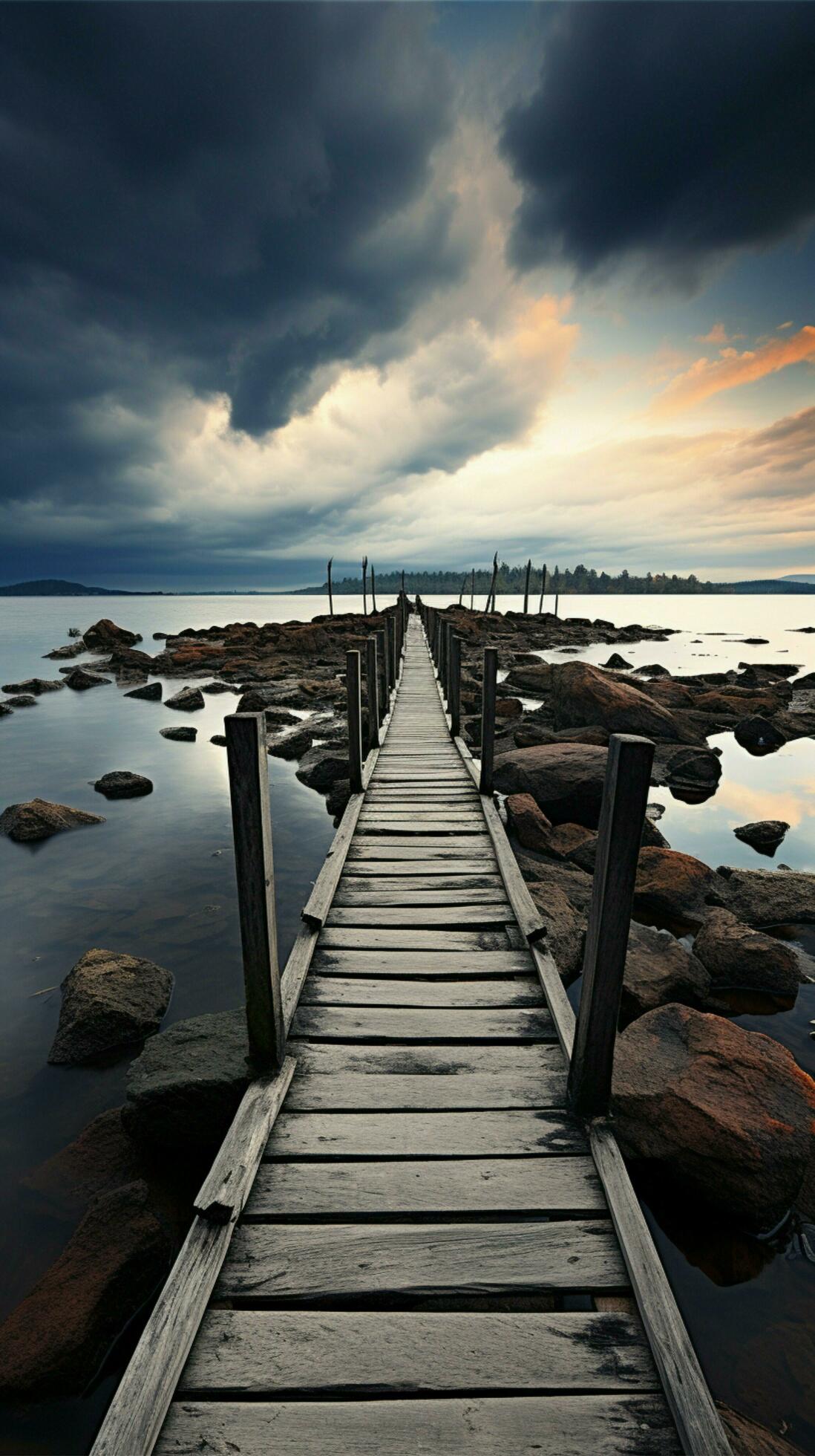 Pier solitude, Black and white portrayal of a serene fishing jetty scene  Vertical Mobile Wallpaper AI Generated 30318109 Stock Photo at Vecteezy