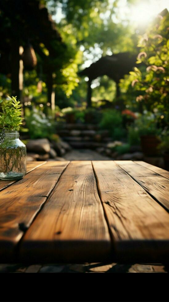 Rustic presentation space Empty wooden table offers park setting for product montages Vertical Mobile Wallpaper AI Generated photo