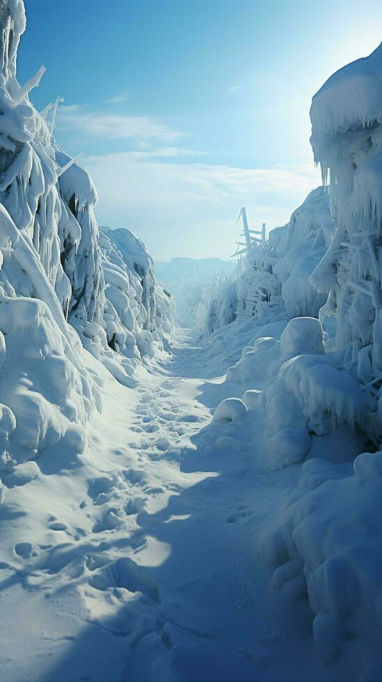 Scaling snowy heights Footprints mark hillside climb in icy, picturesque surroundings Vertical Mobile Wallpaper AI Generated photo