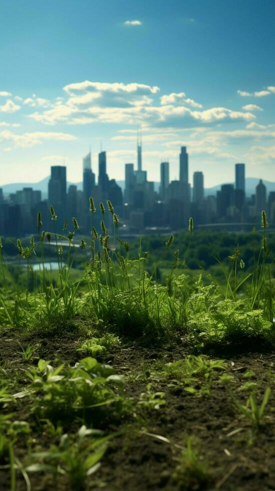 Scenic urban blend Grass field in 3D rendering against city background vista Vertical Mobile Wallpaper AI Generated photo