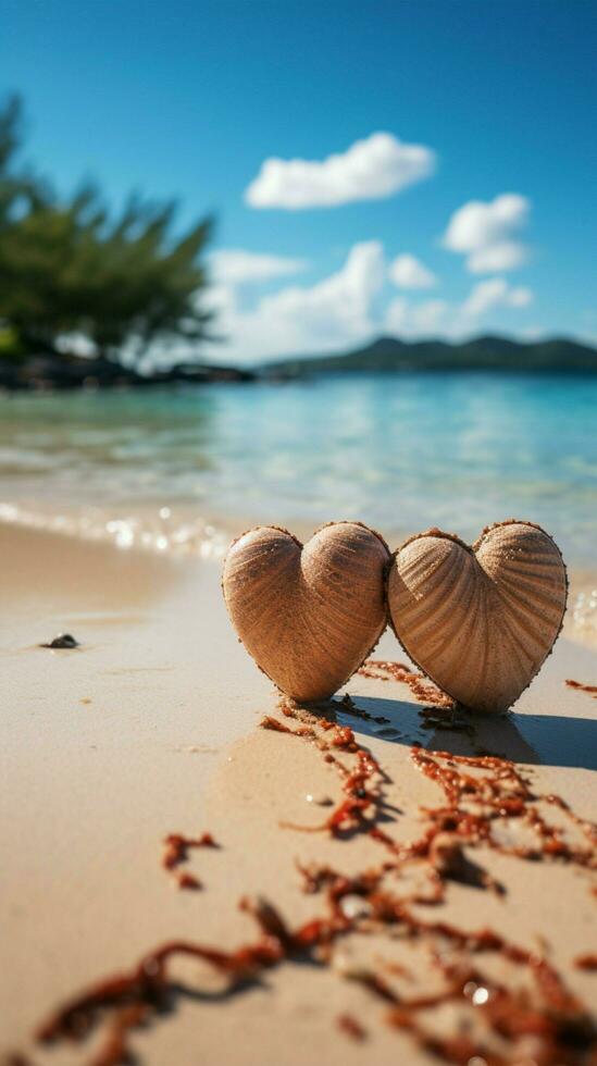 playa afecto dos corazones escrito en arenoso apuntalar con tranquilo tropical fondo vertical móvil fondo de pantalla ai generado foto