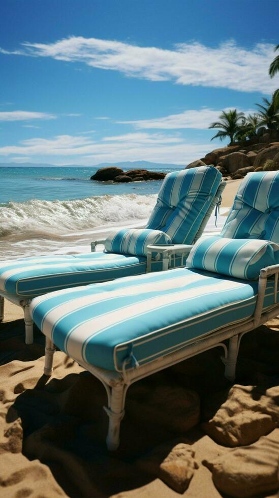 Seaside relaxation Chaise lounges invite beachgoers to unwind by the tranquil waves Vertical Mobile Wallpaper AI Generated photo