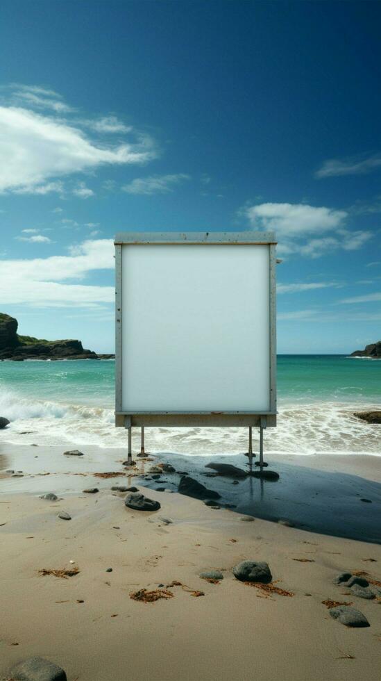 playa serenidad vacío cartelera soportes en contra tranquilo Oceano fondo en arenoso apuntalar vertical móvil fondo de pantalla ai generado foto