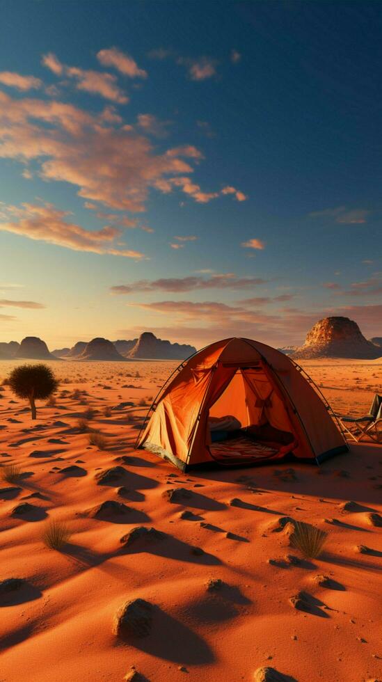 serenidad de el playa cámping aislado en desiertos tranquilo vastedad, remoto desde civilización vertical móvil fondo de pantalla ai generado foto