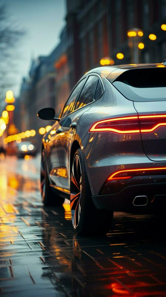 Side of white car, road light up close Capturing vehicle grace and pathway brilliance Vertical Mobile Wallpaper AI Generated photo