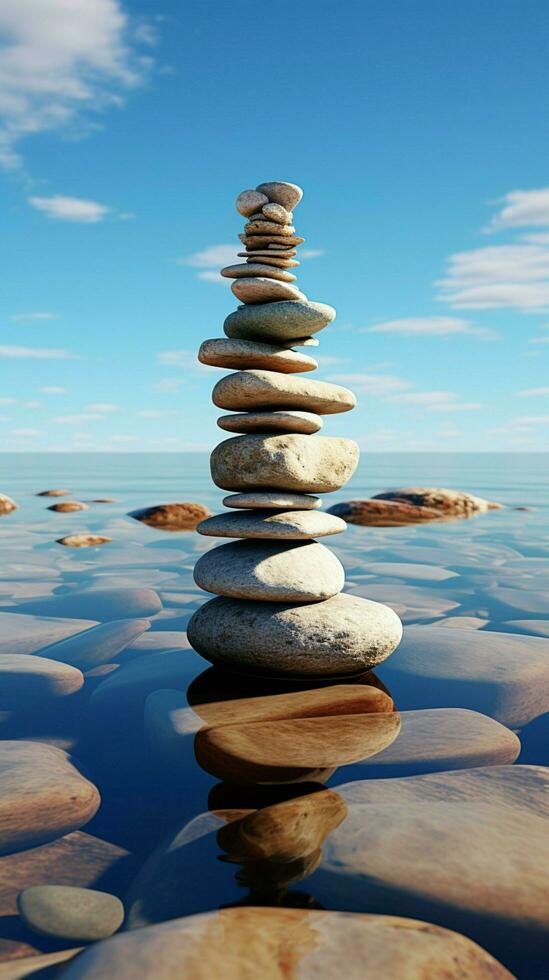 Beachfront relic Stones stacked as a pyramid, overlooking the expansive sea expanse Vertical Mobile Wallpaper AI Generated photo