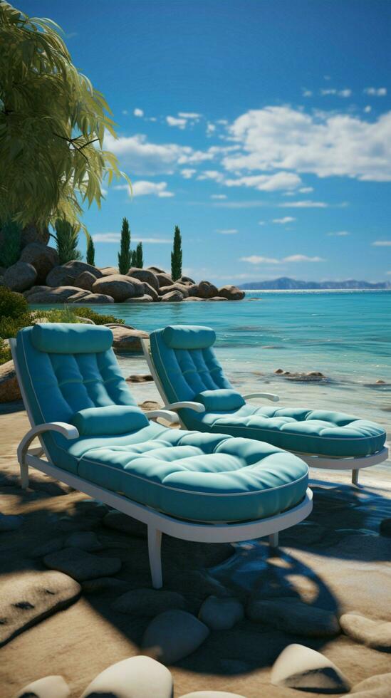 sentado por el mar coche postal salones invitación playa entusiastas a relajarse y disfrutar vertical móvil fondo de pantalla ai generado foto
