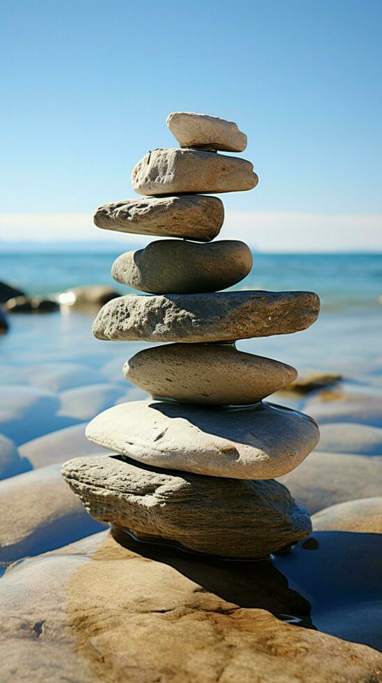 Beachfront relic Stones stacked as a pyramid, overlooking the expansive sea expanse Vertical Mobile Wallpaper AI Generated photo