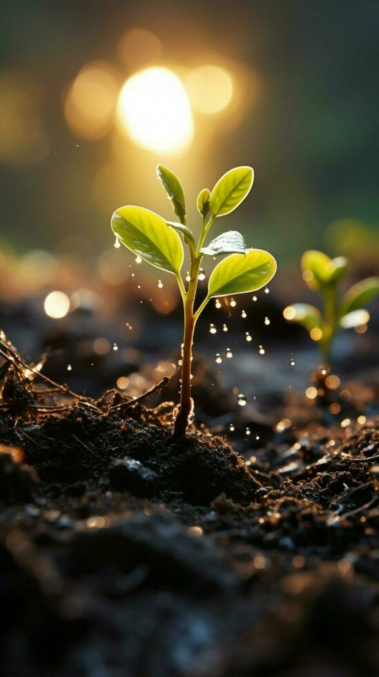 Soils nurturing embrace, close-up reveals a young plants journey towards sunlight Vertical Mobile Wallpaper AI Generated photo
