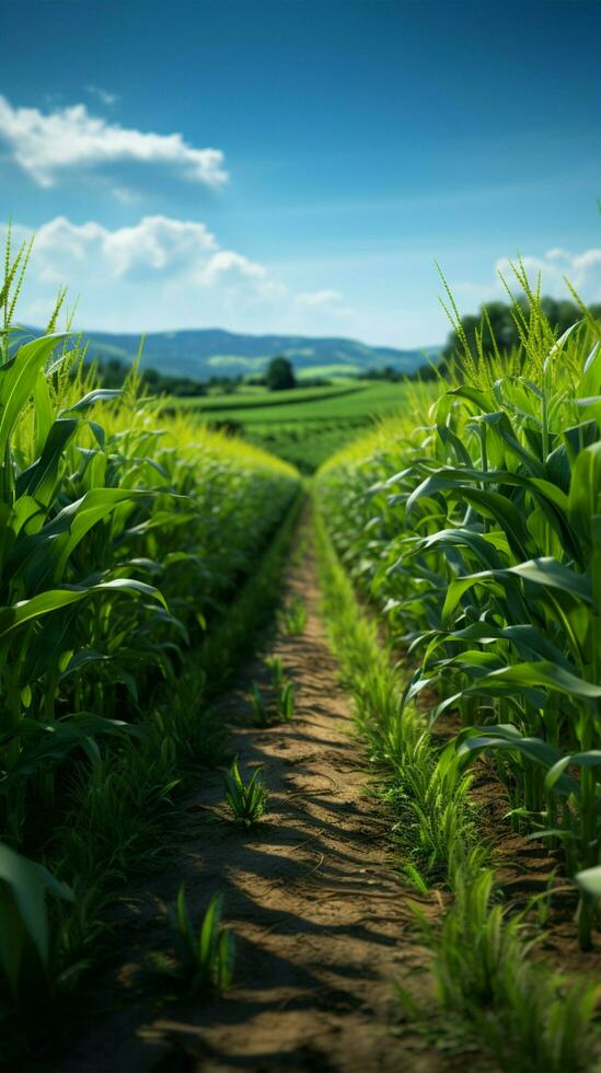 brotante maíz líneas privado campo, lozano verde filas gracia agrícola paisaje vertical móvil fondo de pantalla ai generado foto