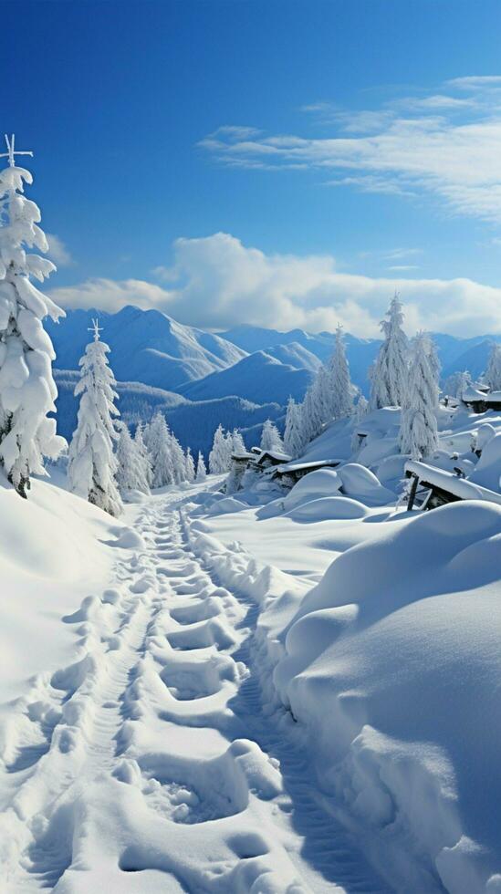 Steps in snow Climbing hill leaves human footprints amidst pristine wintry scenery Vertical Mobile Wallpaper AI Generated photo