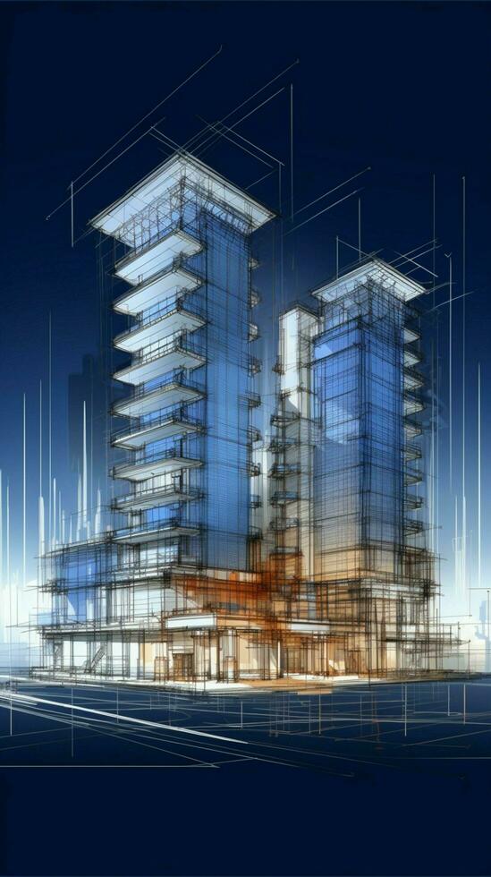 Structural elegance 3D wireframe construction sketch, building blueprint, vector illustration Vertical Mobile Wallpaper AI Generated photo