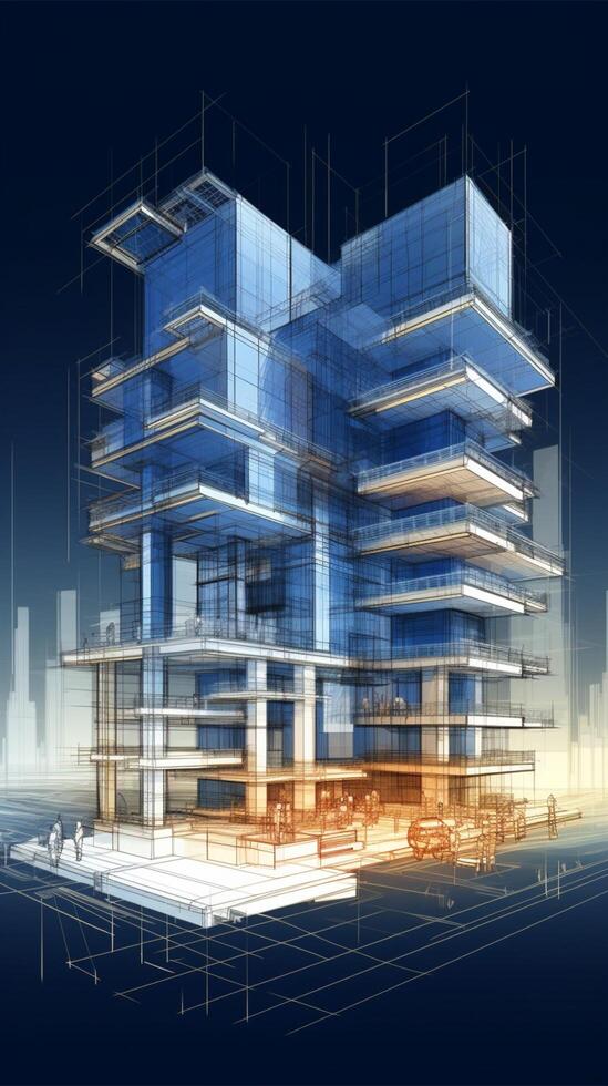 Structural elegance 3D wireframe construction sketch, building