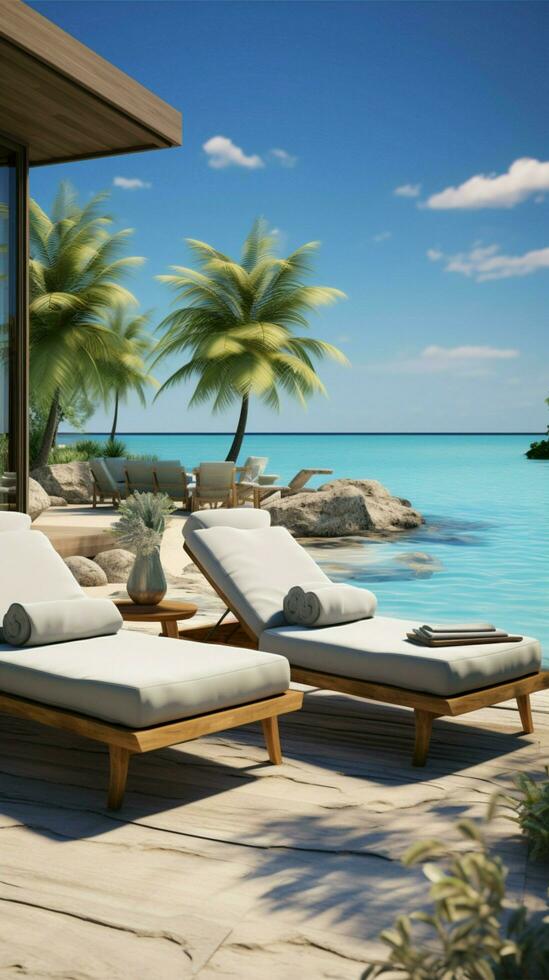 Summer retreat sale 3D template displays beach elements and inviting pool scene Vertical Mobile Wallpaper AI Generated photo