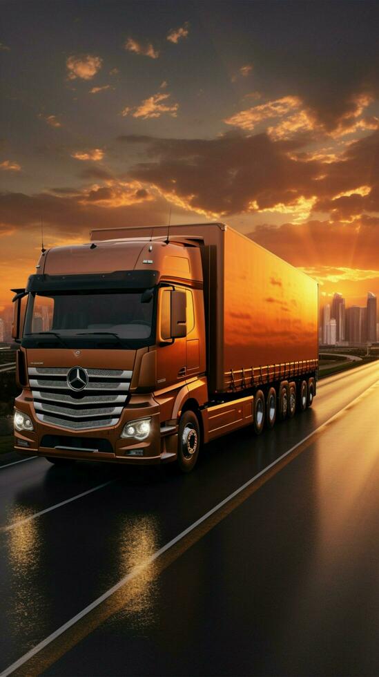 Sunrise delivery scene 3D rendered trucks rear view on road, cityscape backdrop, signifies efficiency Vertical Mobile Wallpaper AI Generated photo