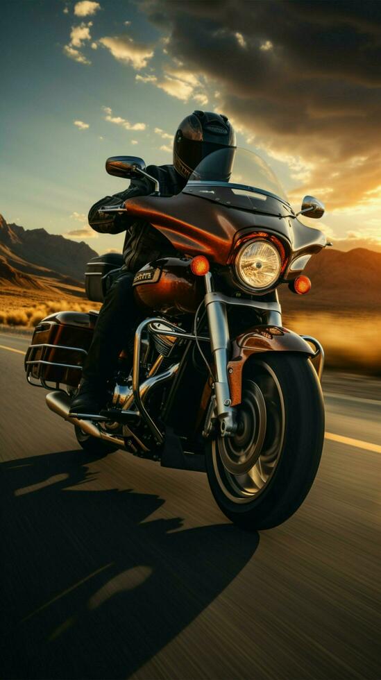 Sunrise highway dash Motorcyclist in motion, spacious copy area enhancing early morning vibe Vertical Mobile Wallpaper AI Generated photo