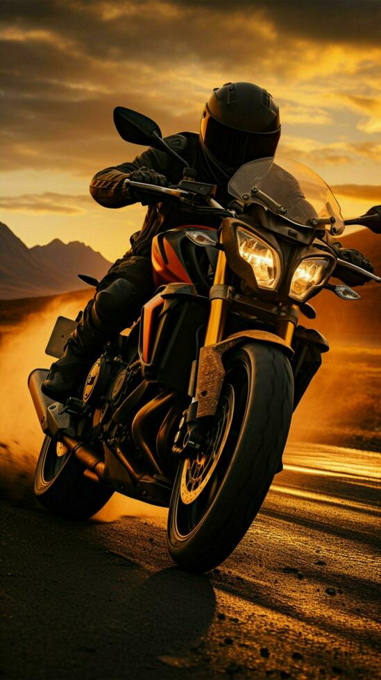 Sunrise highway ride Motorcyclist speeds, offering copious copy space, embodying morning adventure Vertical Mobile Wallpaper AI Generated photo