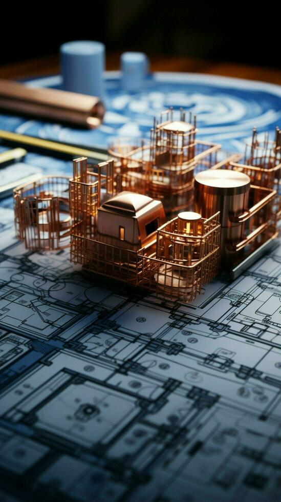 Tabletop blueprint arrangement Stacked rolls, architectural designs showcased, creative workspace depiction Vertical Mobile Wallpaper AI Generated photo