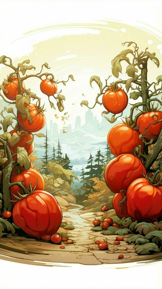 Tomatos journey from leaves to fruits shown in vector cartoon illustration on white Vertical Mobile Wallpaper AI Generated photo