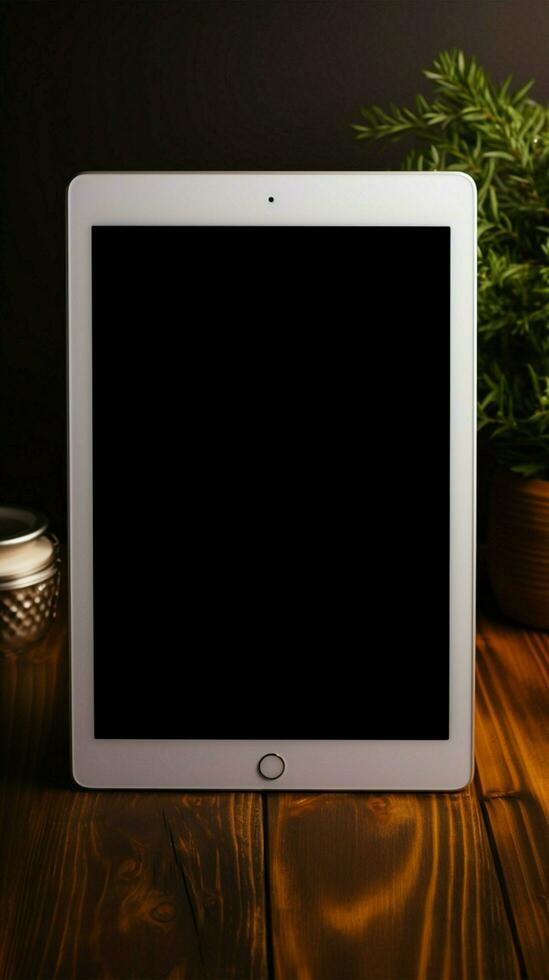 Top view Black e book, white screen, male hand on dark wood backdrop Vertical Mobile Wallpaper AI Generated photo