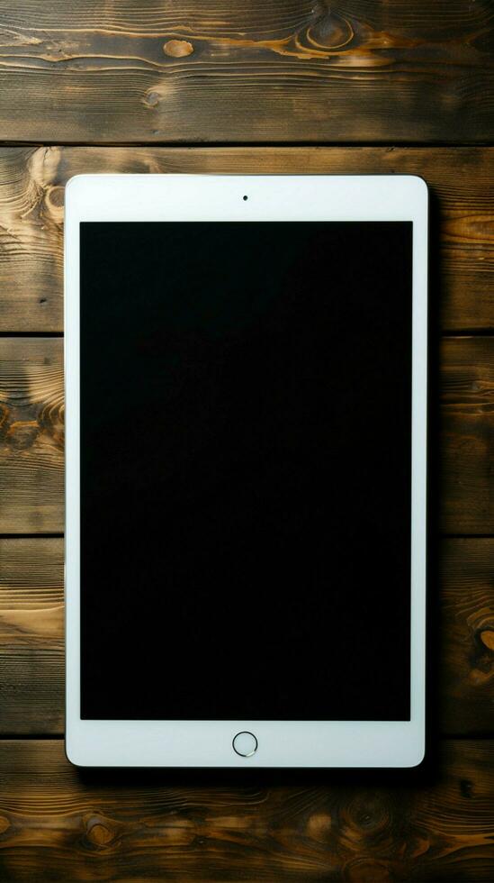 Top view Black e book, white screen, male hand on dark wood backdrop Vertical Mobile Wallpaper AI Generated photo