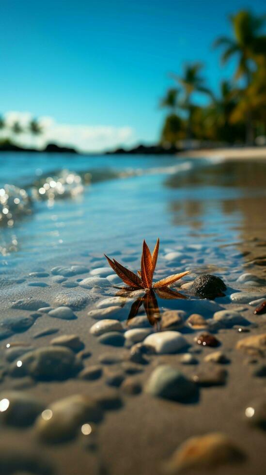 tropical paraíso arena y borroso palmera, playa bokeh representar verano viaje concepto vertical móvil fondo de pantalla ai generado foto