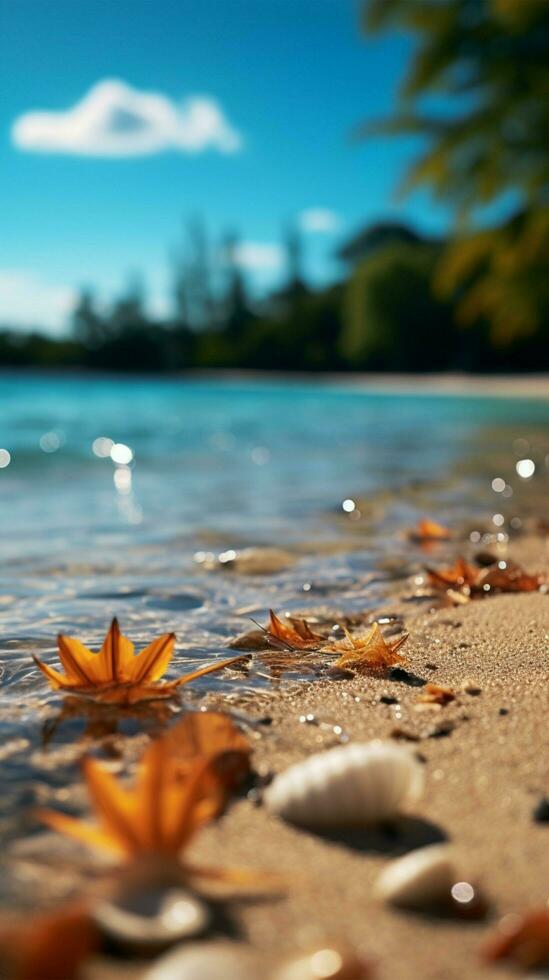 tropical paraíso arena y borroso palmera, playa bokeh representar verano viaje concepto vertical móvil fondo de pantalla ai generado foto