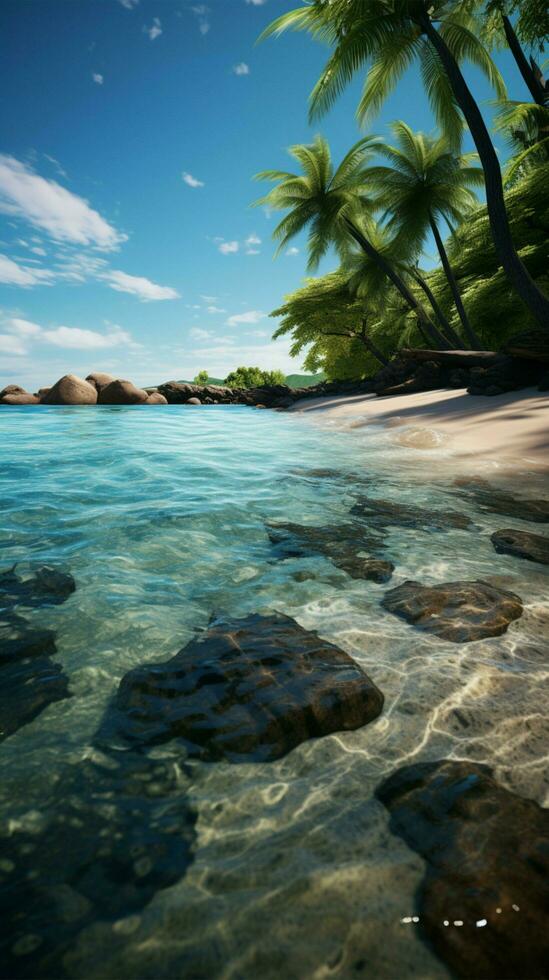 Tropical shoreline Sandy beach framed by graceful palm trees under blue skies Vertical Mobile Wallpaper AI Generated photo