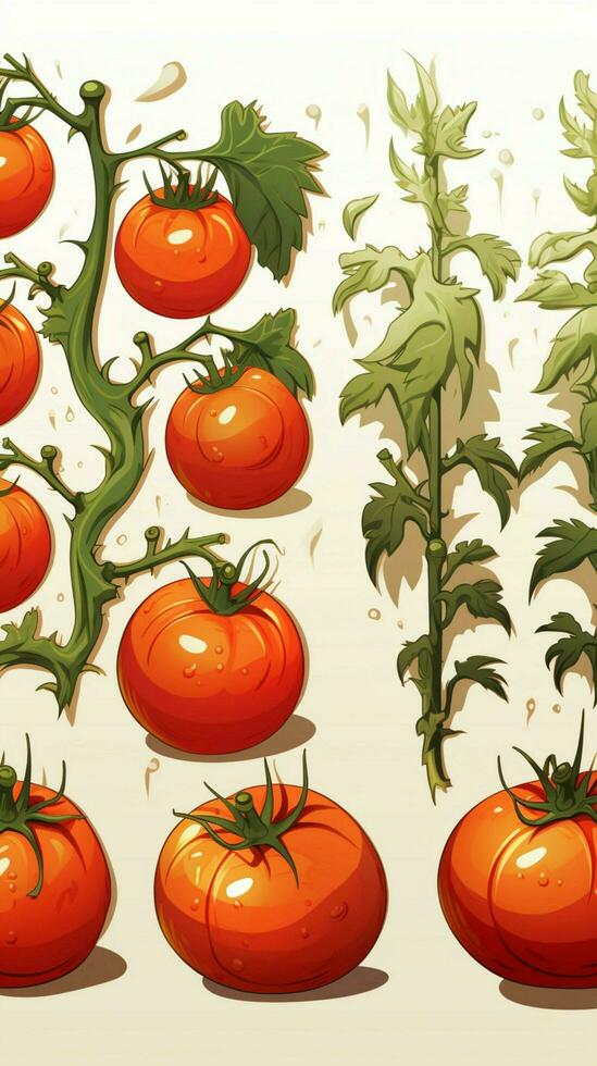 Vector cartoon portrays tomatos growth phases, leaves, flowers, fruits, on white backdrop Vertical Mobile Wallpaper AI Generated photo