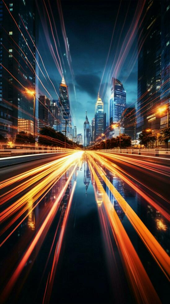 Vibrant urban blur Abstract long exposure crafts dynamic light trails in city environment Vertical Mobile Wallpaper AI Generated photo