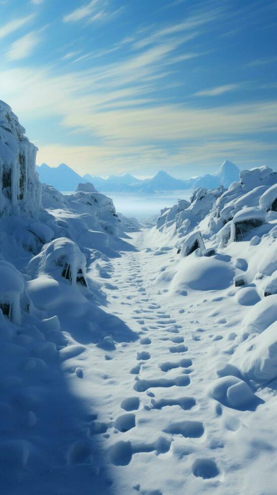 Wintry trek Footprints ascend hill as humans venture through snow covered landscape Vertical Mobile Wallpaper AI Generated photo