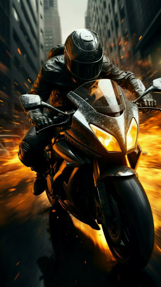 Youthful rider on a chopper cruises city streets, clad in leather and helmet Vertical Mobile Wallpaper AI Generated photo
