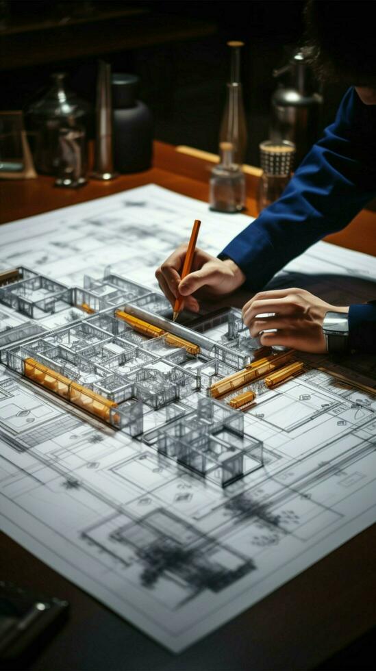 Workspace collaboration Designers, architects develop project blueprint, hand sketching architectural details in office Vertical Mobile Wallpaper AI Generated photo