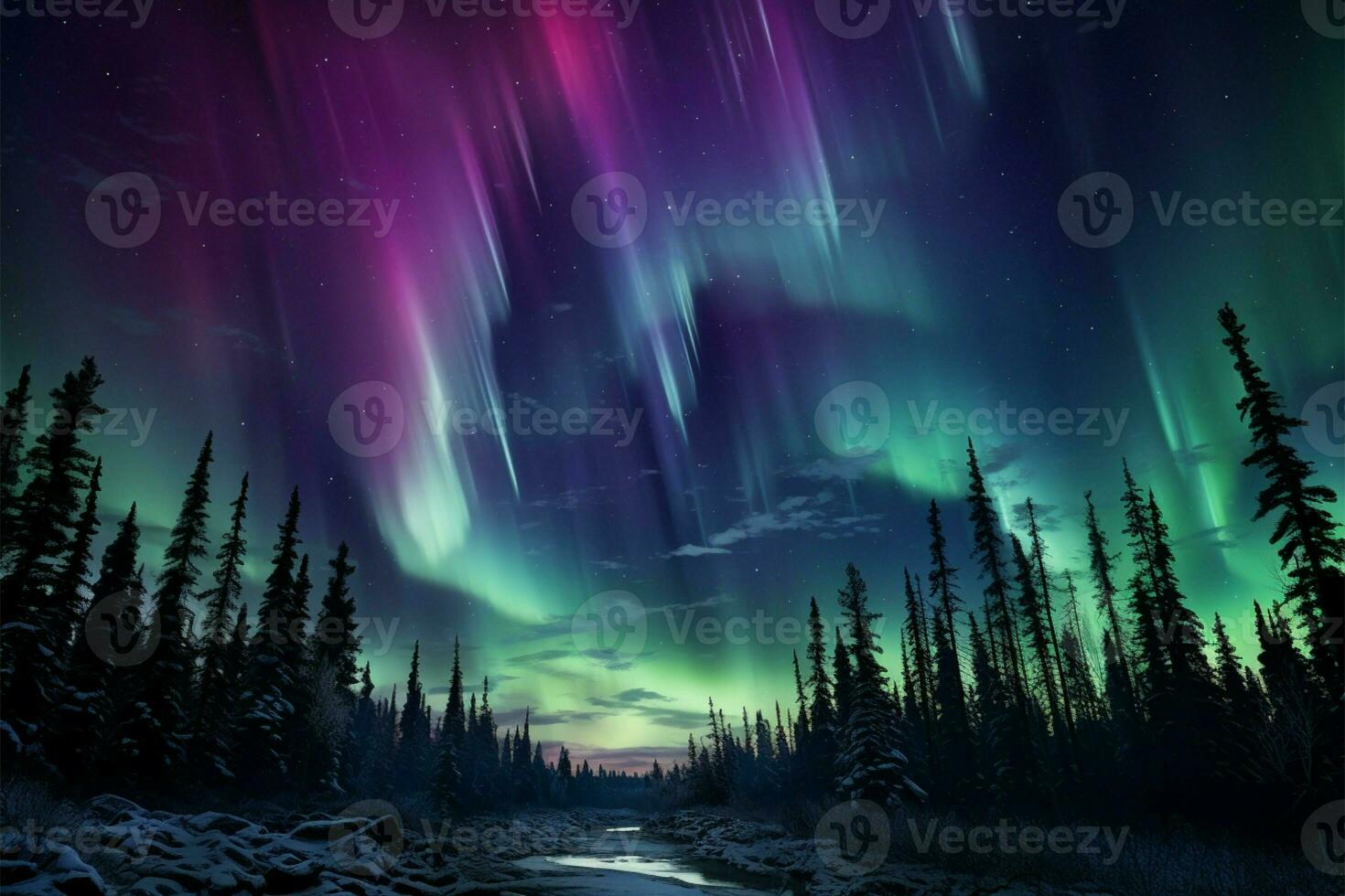 Enchanting transformation Northern Lights paint the sky in purple and green AI Generated photo