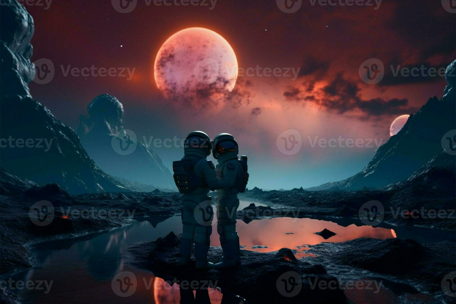 exploración de recién descubierto amor en un extraterrestre planetas superficie ai generado foto