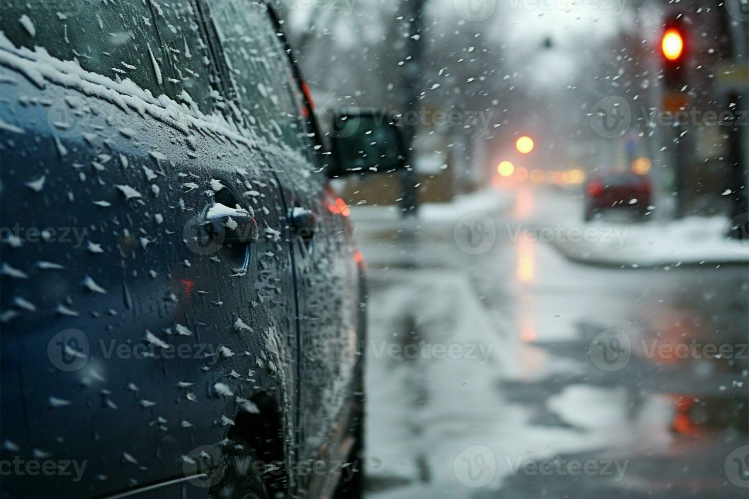 Freezing transformation car window captures mixed rain snow street scene AI  Generated 30318626 Stock Photo at Vecteezy