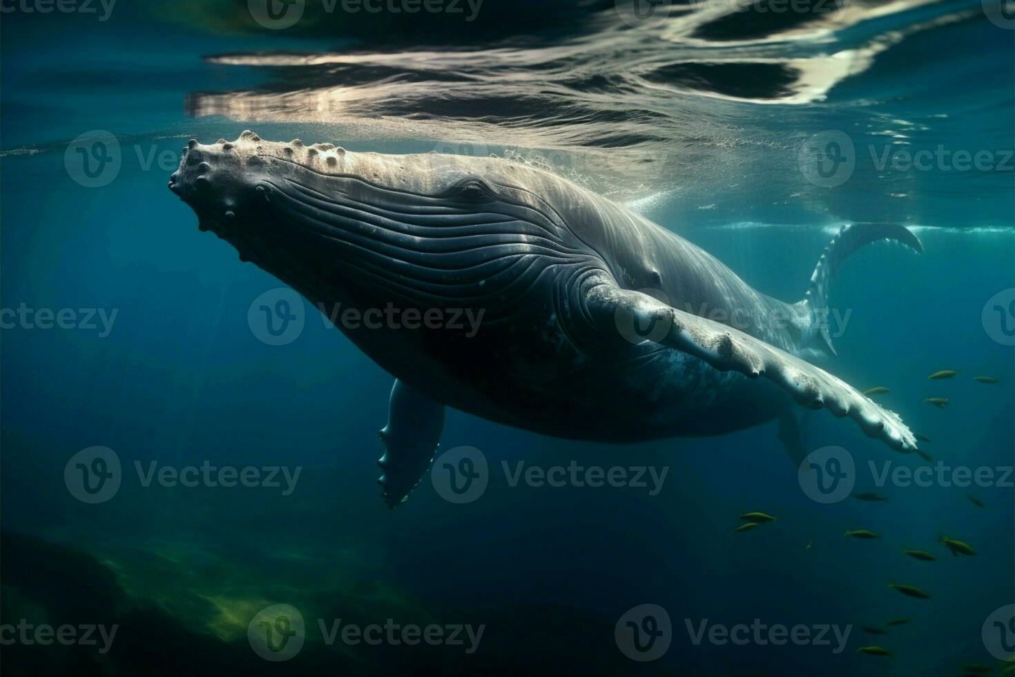 Graceful humpback calf twirls in azure waters, enchanting ocean spectacle AI Generated photo