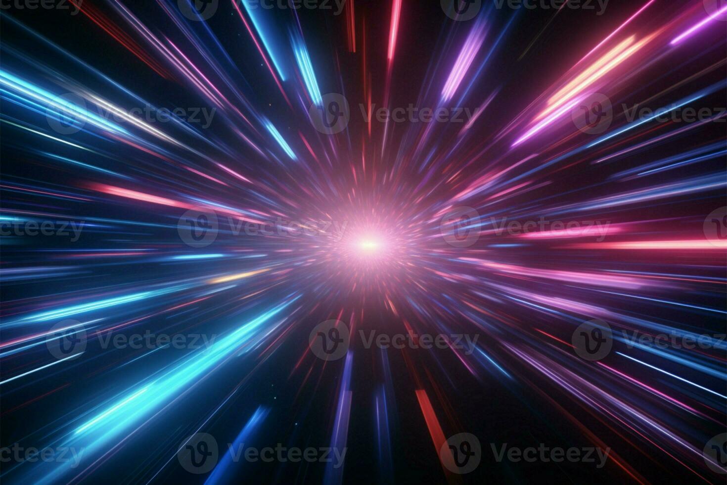 Infinite warp speed abstract retro neon flight in 3D tunnel AI Generated photo