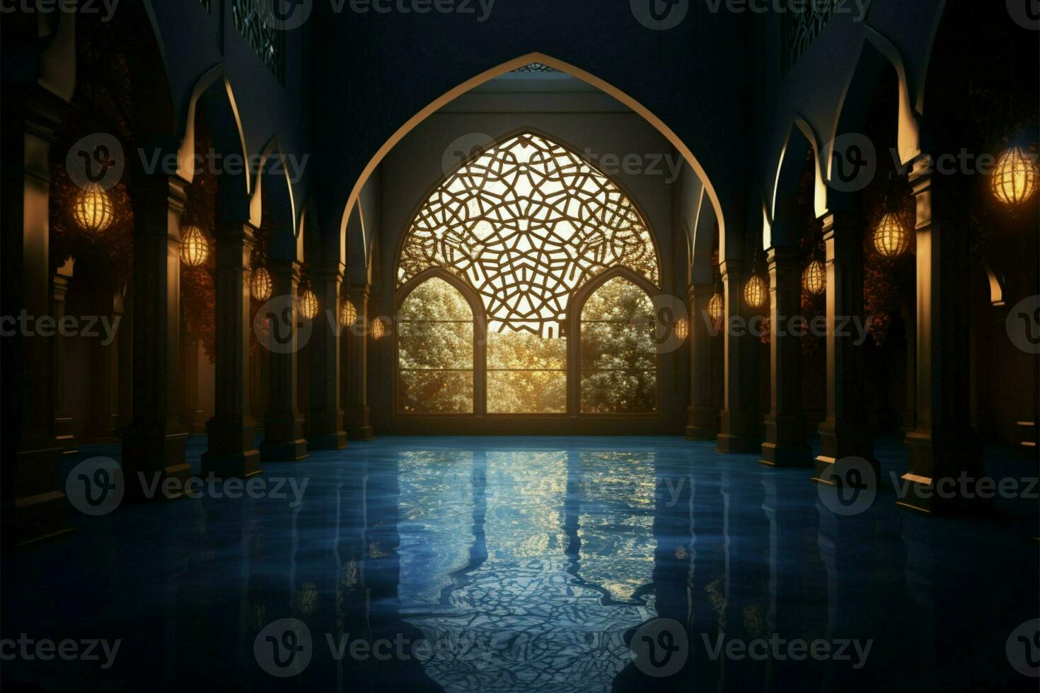 Moonlight bathes Islamic mosques interior in serene, ethereal luminance AI Generated photo