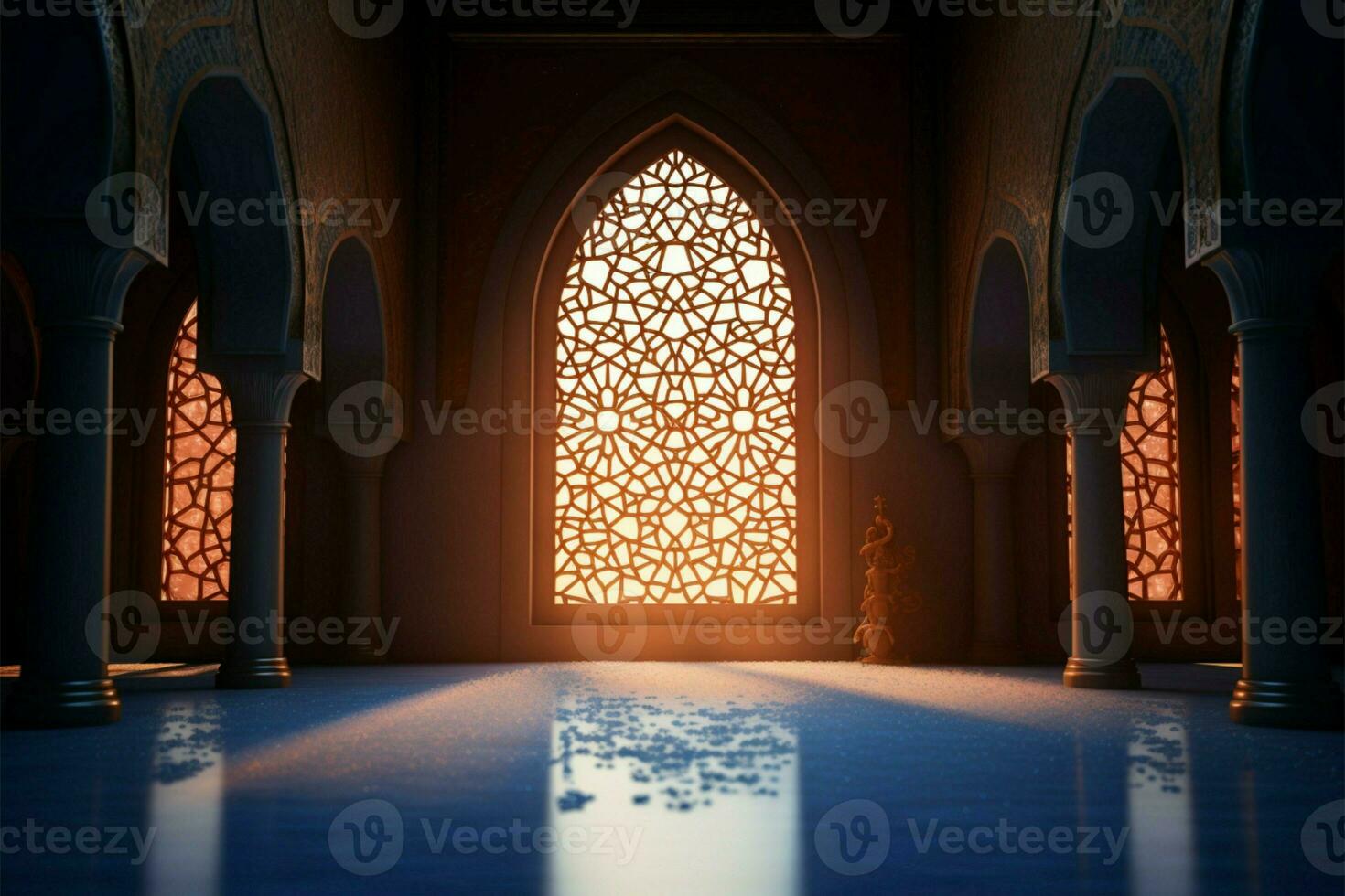 Moons gentle glow enriches the interior of an Islamic mosque AI Generated photo