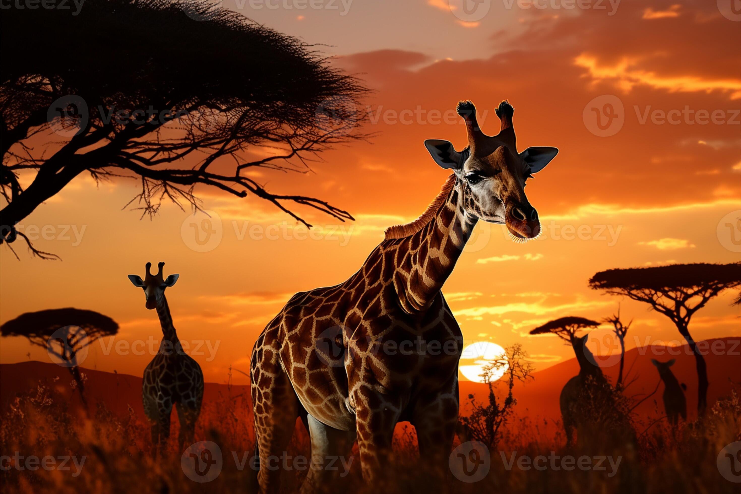 Natures spectacle a transformed moment as giraffes graze at dusk AI