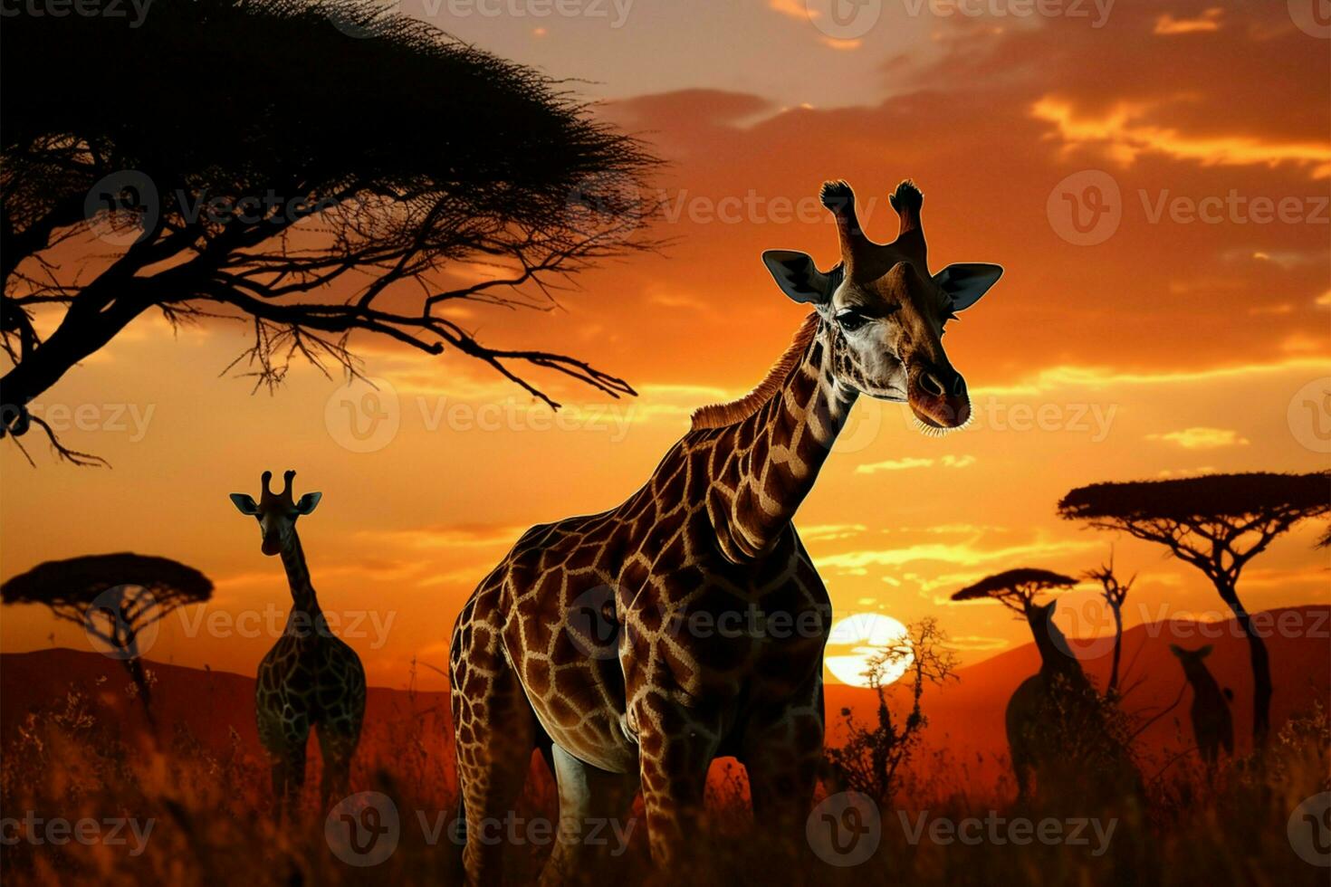 Natures spectacle a transformed moment as giraffes graze at dusk AI Generated photo